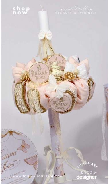 Lumanare botez cu fluturi si broderie personalizata gold 1
